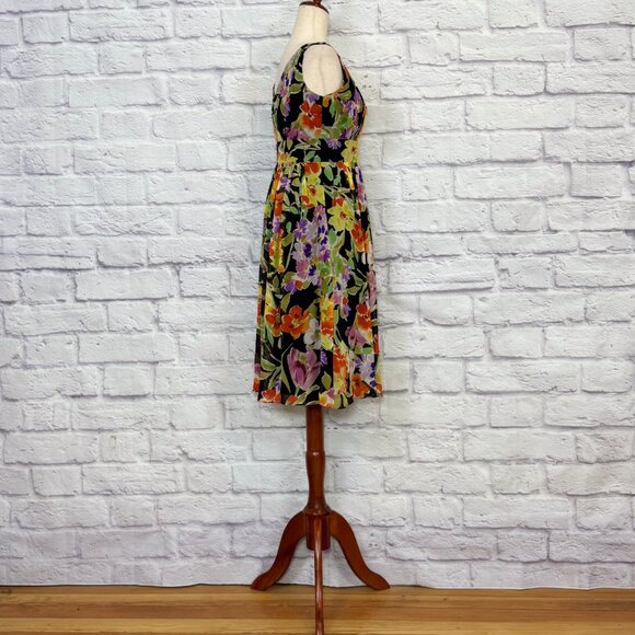 Eliza J Black Silk Chiffon Floral Pleated Knee-Length Dress - Picture 3 of 6